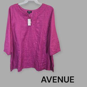 Avenue Fuchsia Pink Linen Tunic  Top  V Neck Bohemian Embroidery Womens 30-32